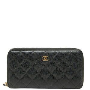 Chanel CC Logo Quilted Zip Around Wallet Black Caviar Leather